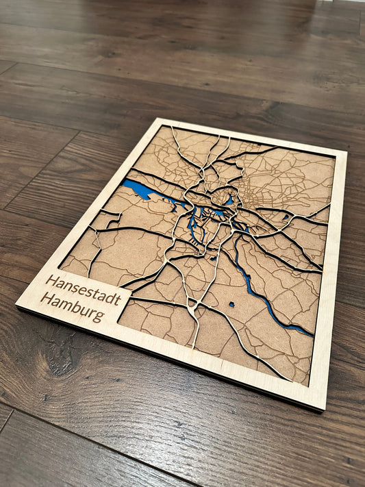 Stadtplan Hamburg Holz City Map Laser Cut
